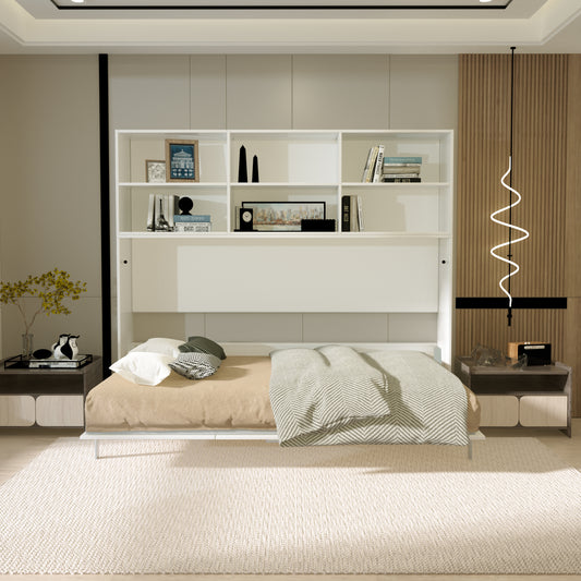 Modern Twin Horizontal Murphy Bed, Shelf, White, Space-Saving