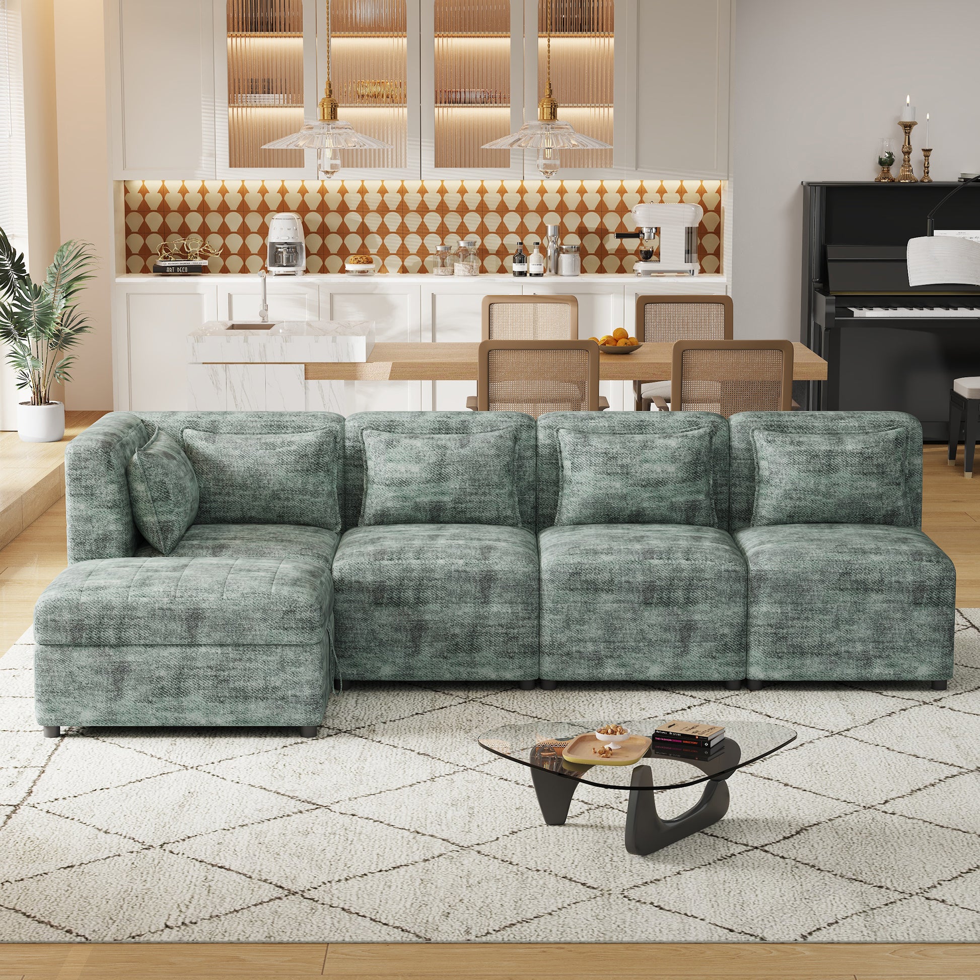 Sofa Set, 5-Seater Couch with Ottoman, 5 Pillows