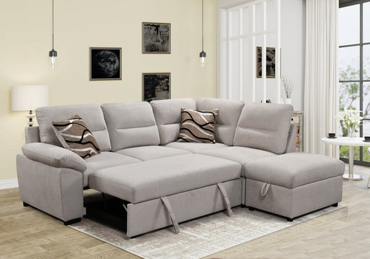 Soft Sectional Sofa with Sleeper, Pull Out Bed, and Storage Ottoman in Beige