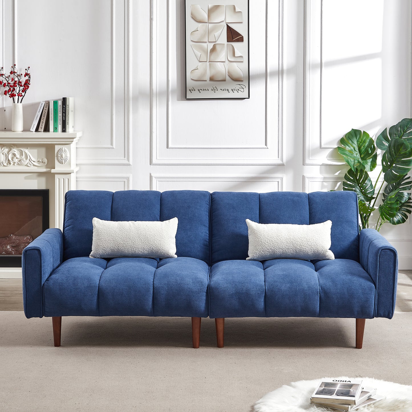 Convertible Futon Sofa Bed, 2 Pillows, Blue