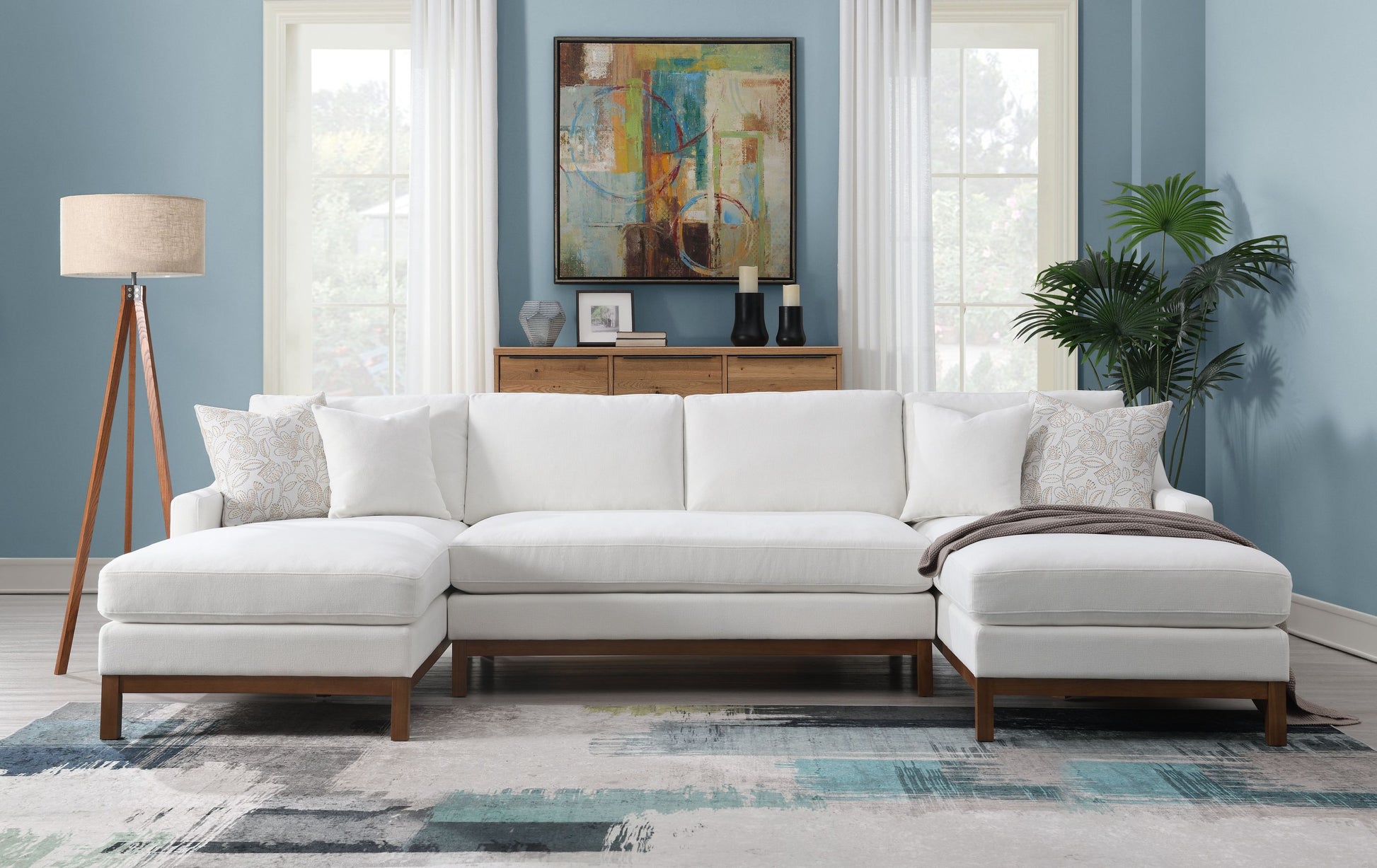 Valiant Sectional Sofa w/4 Pillows, Ivory Chenille