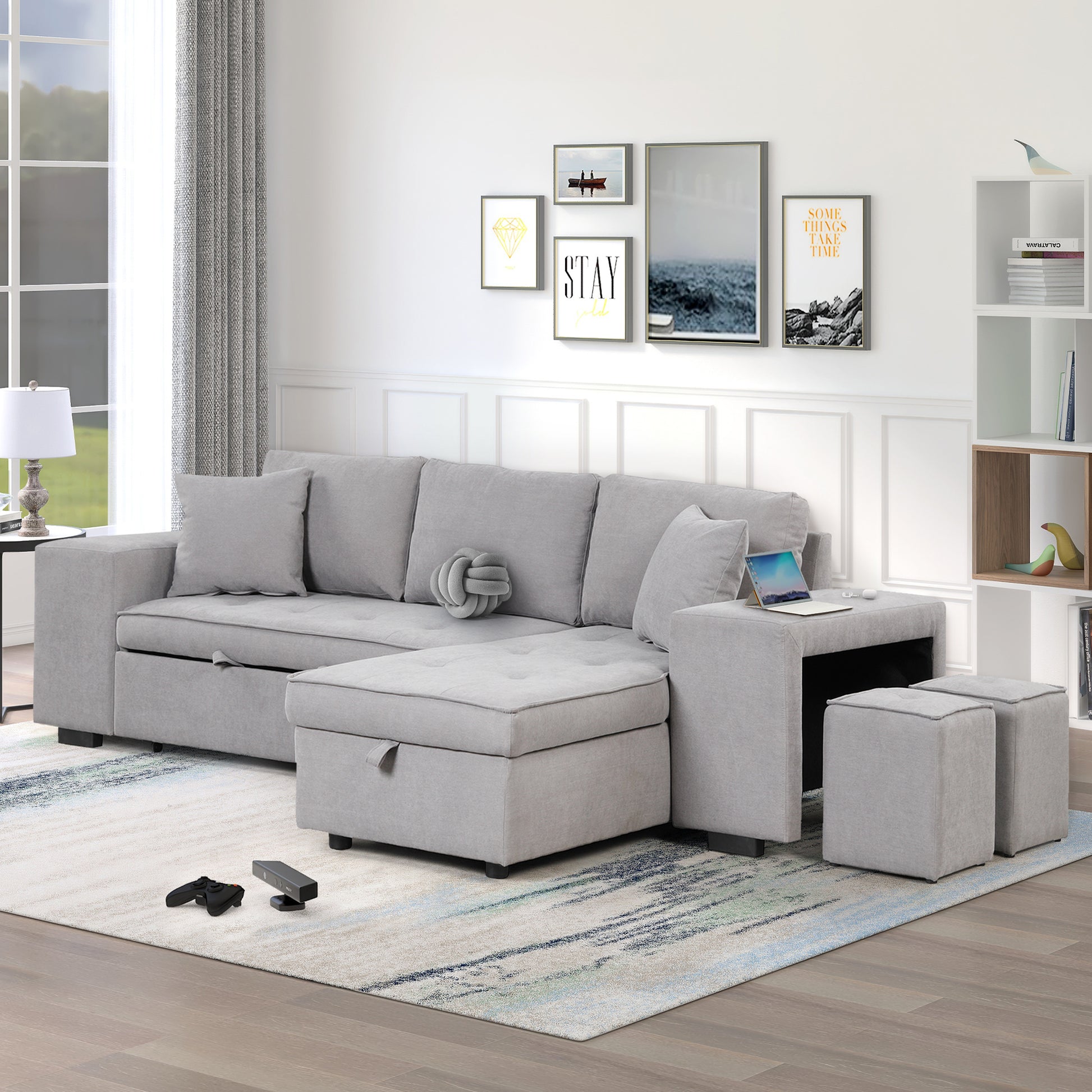 Modern L-Shape Sectional, Sleeper Sofa, Storage Chaise, 2 Stools, Grey