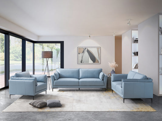 Ethereal Essence Light Blue Top Grain Leather Sofa, Black Finish